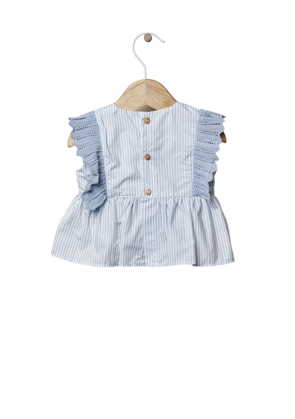 Blouse with soft blue and white stripes and knitted detail | LITTLE LOVE - WEDOBLE