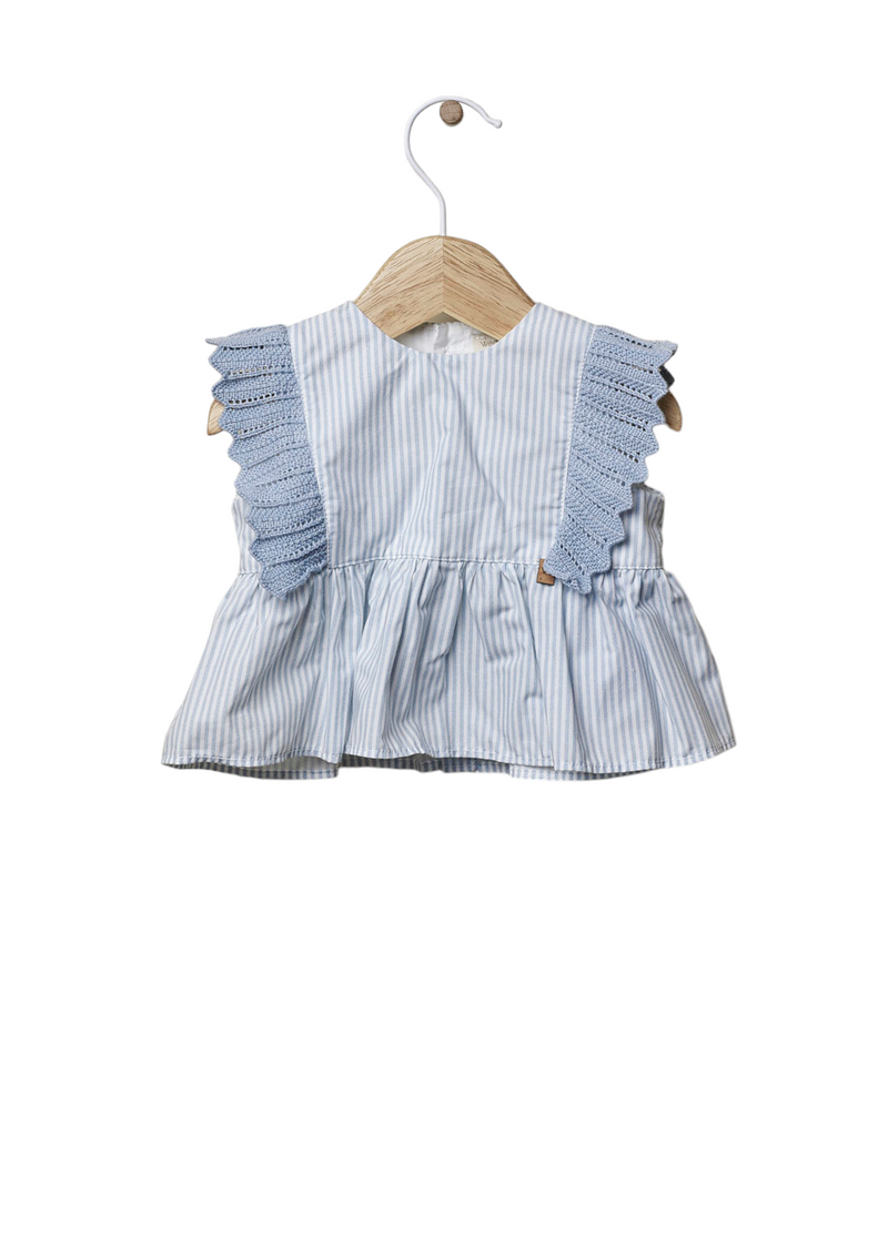 Blouse with soft blue and white stripes and knitted detail | LITTLE LOVE - WEDOBLE