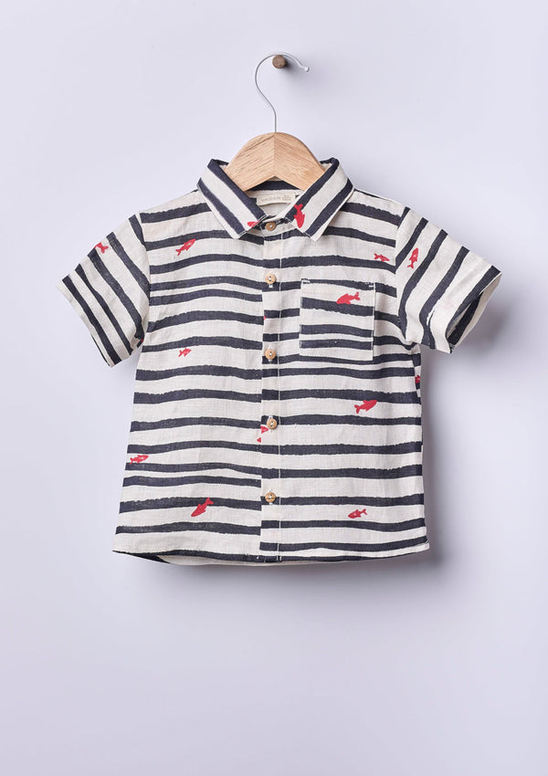 Short-sleeved shirt in linen | NAVY CODE - WEDOBLE