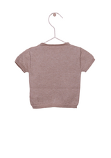 Short sleeved sweater with wooden button opening on the shoulder knitted in cotton - WEDOBLE